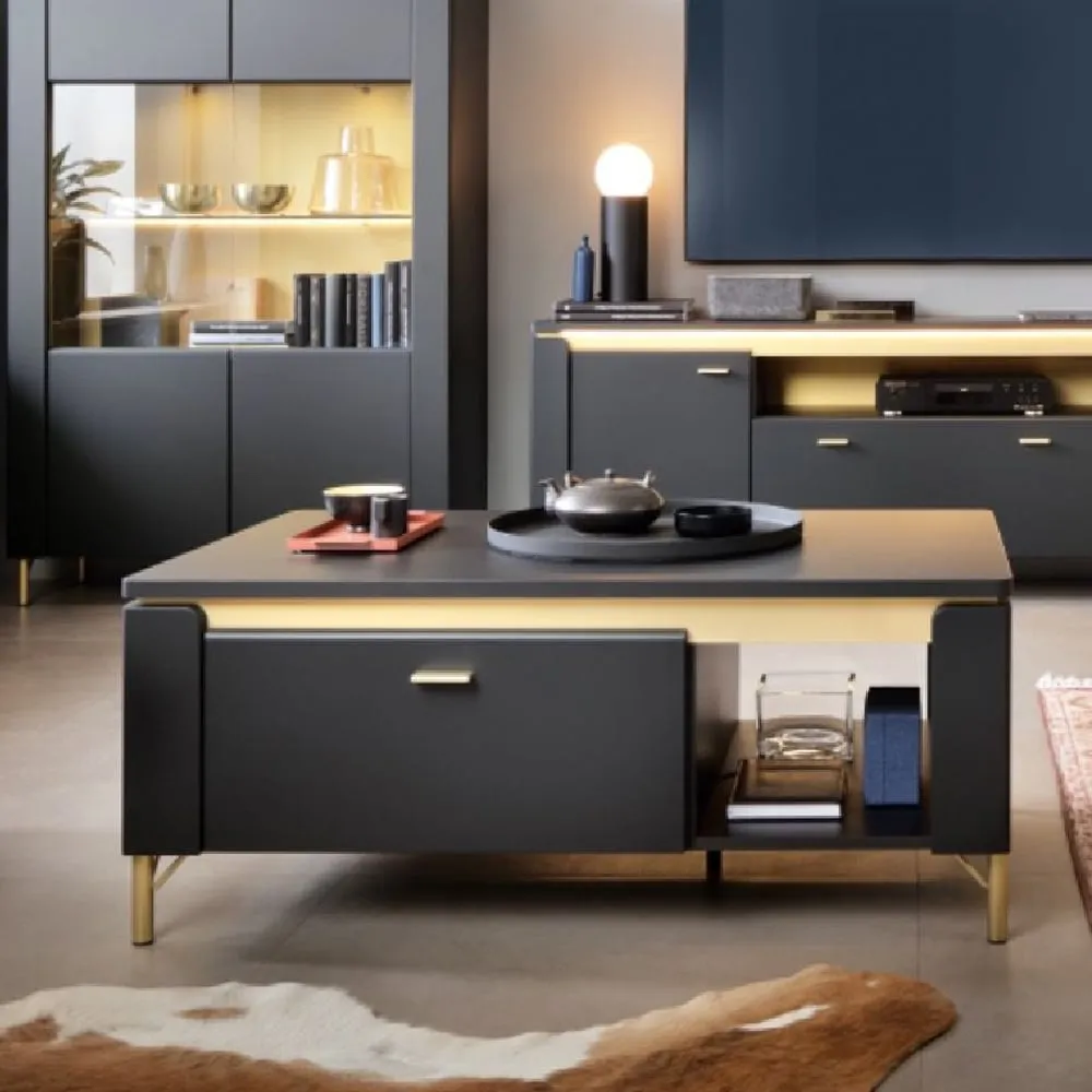 Gaffney Wooden Coffee Table with Drawer - Black, Gold image