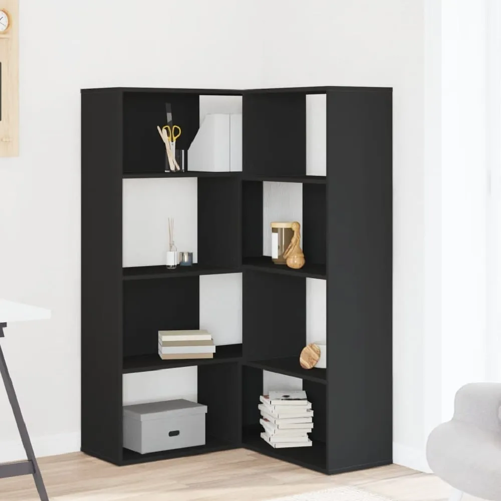 Galva Corner Bookcase with 8 Shelves - Black, Engineered Wood