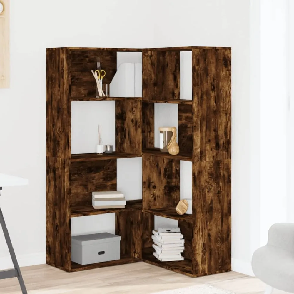 Galva Corner Bookcase with 8 Shelves - Smoked Oak, Engineered Wood