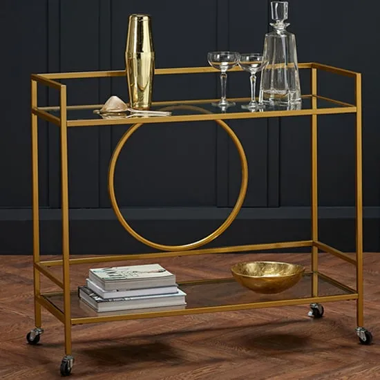 Gaspe Rectangular Glass Drinks Trolley with Wheels - Gold