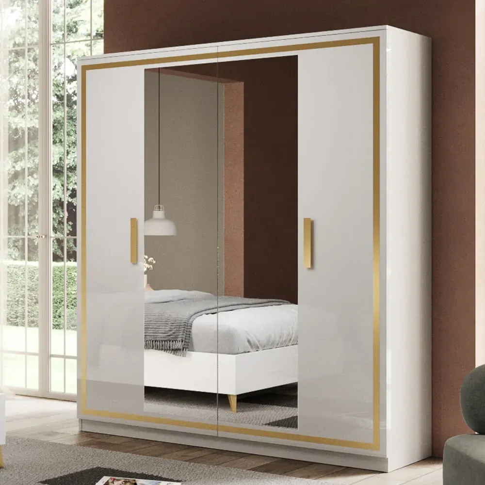 Geneva 4 Door Mirrored Wardrobe - White, Gold