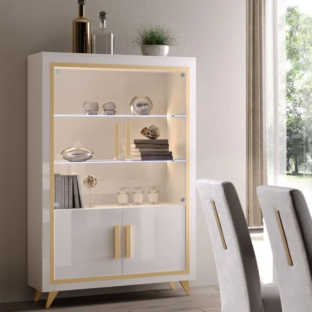 Geneva Display Cabinet 2 Doors with LED - White, Gold image