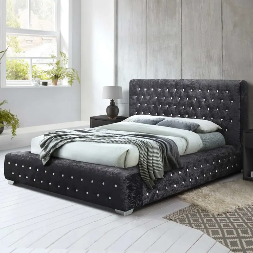 Geneva Double Bed Frame - Black, Crushed Velvet