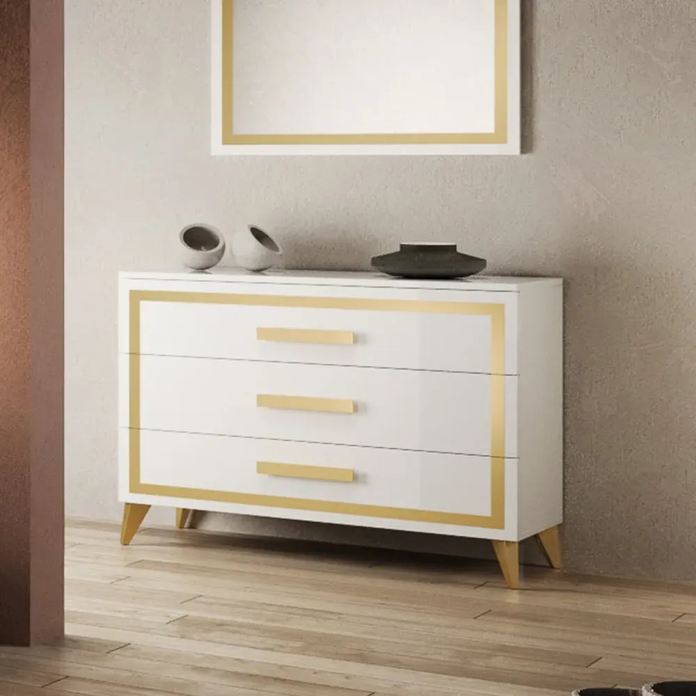 Geneva High Gloss Chest of 3 Drawers - White, Gold