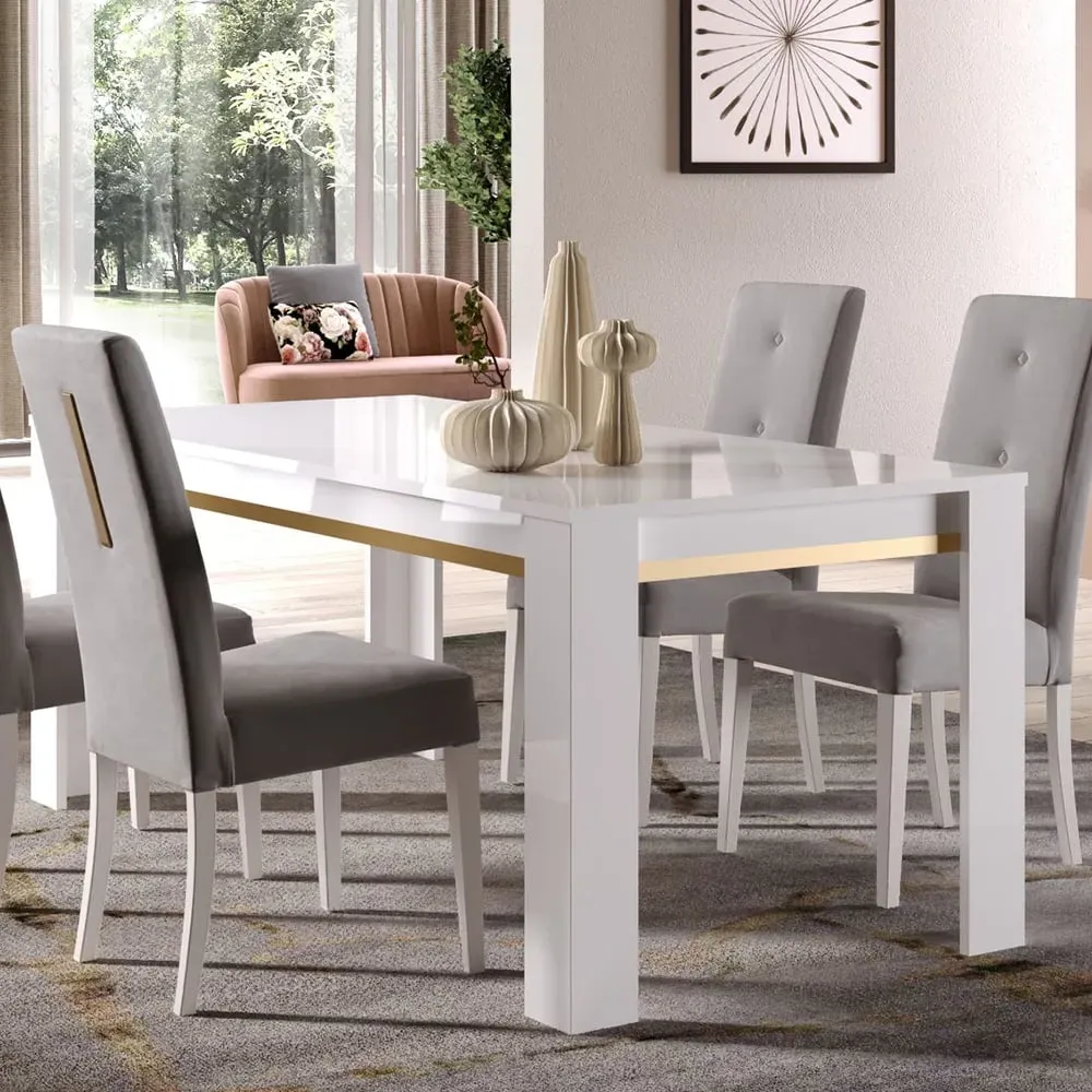 Geneva Large High Gloss Dining Table - White, Gold