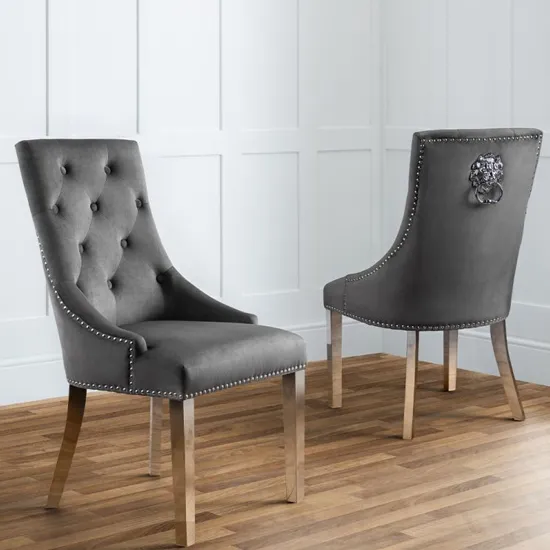 Geneva Lion Head Dining Chairs in Pair - Grey, Velvet product
