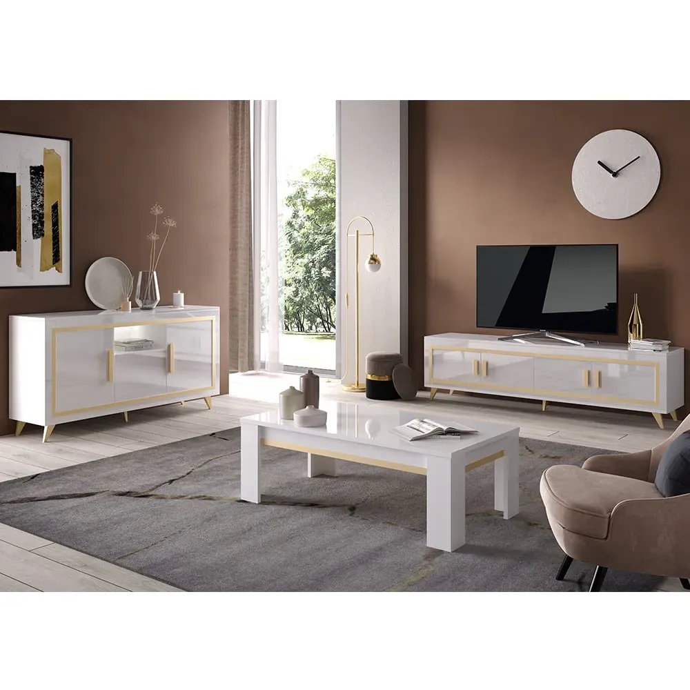 Geneva Living Room Set with Sideboard and LED - White Gold