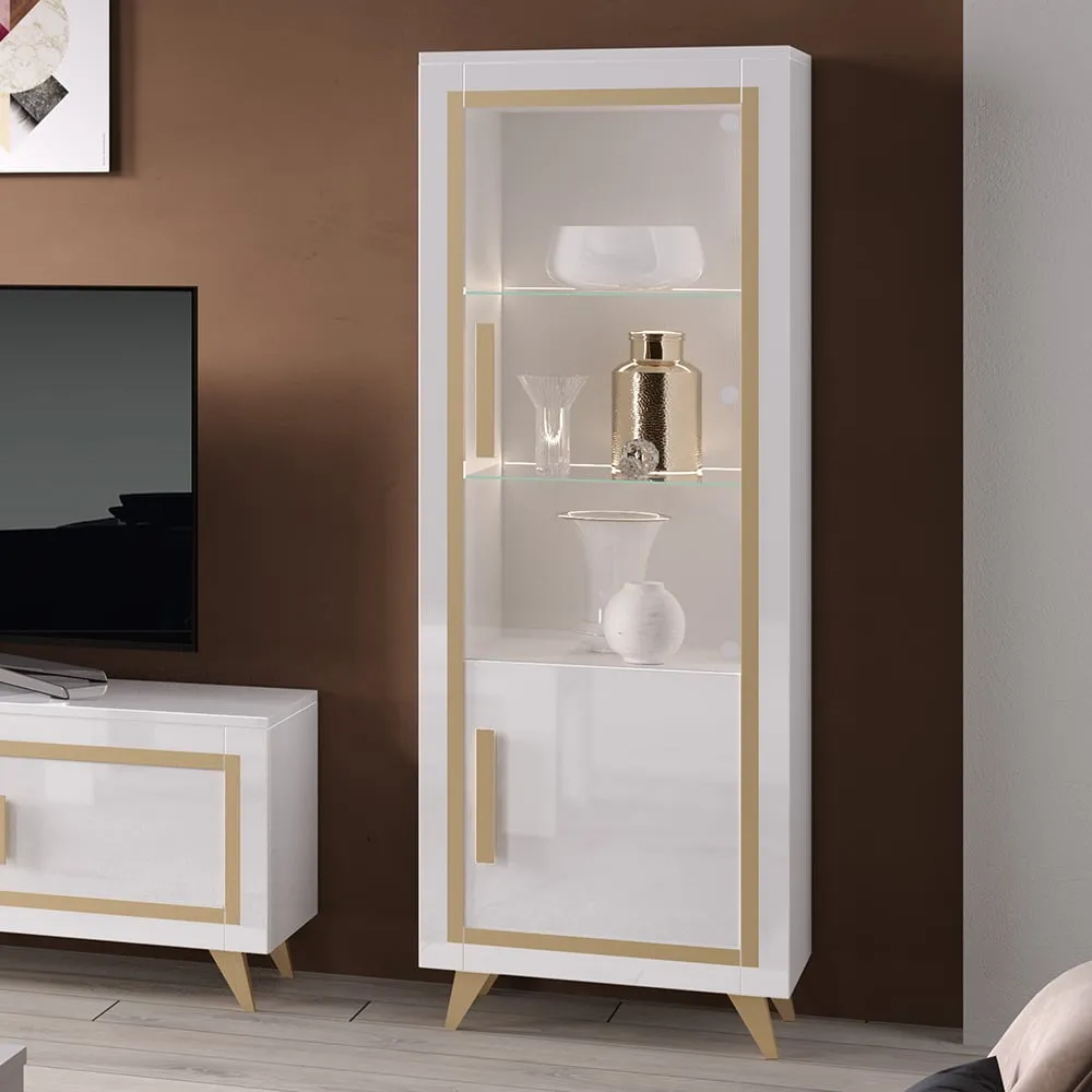 Geneva Right Hand Display Cabinet with LED - White Gold, MDF
