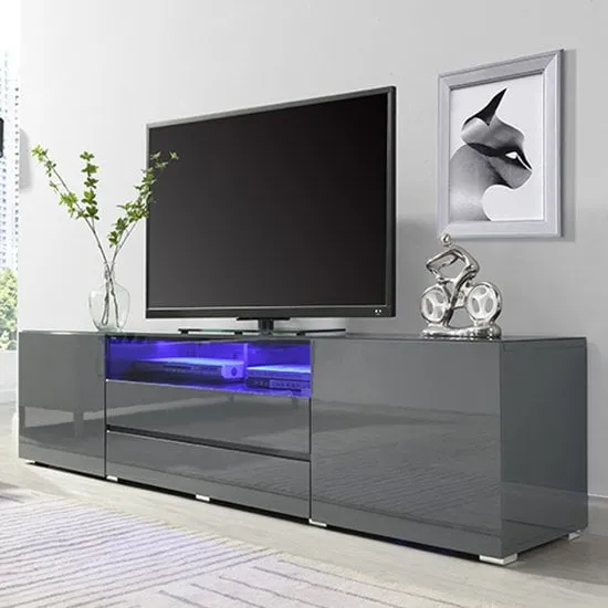 Genie Wide TV Stand with LED Lighting - Grey, High Gloss