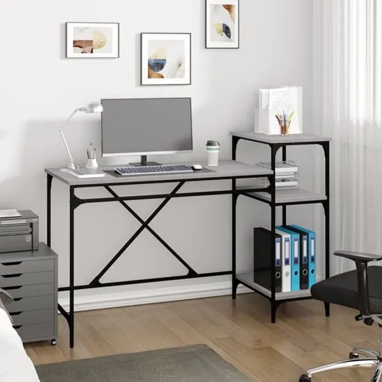 Gia Large Computer Desk with Shelves - Grey Sonoma Oak, Wood