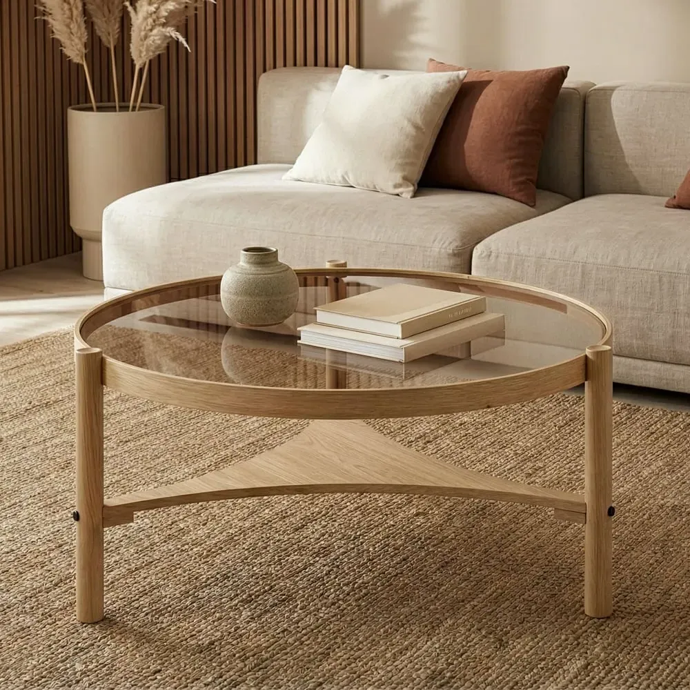 Gifu Round Coffee Table with Glass Top - Oak, Solid Wood product