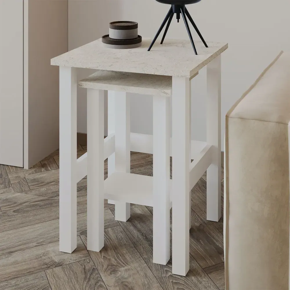 Gina Nesting Side Tables - White, Travertine Marble Effect product