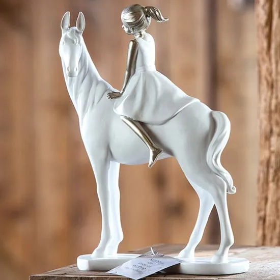 Girl On Horse Poly Sculpture - White, Silver image