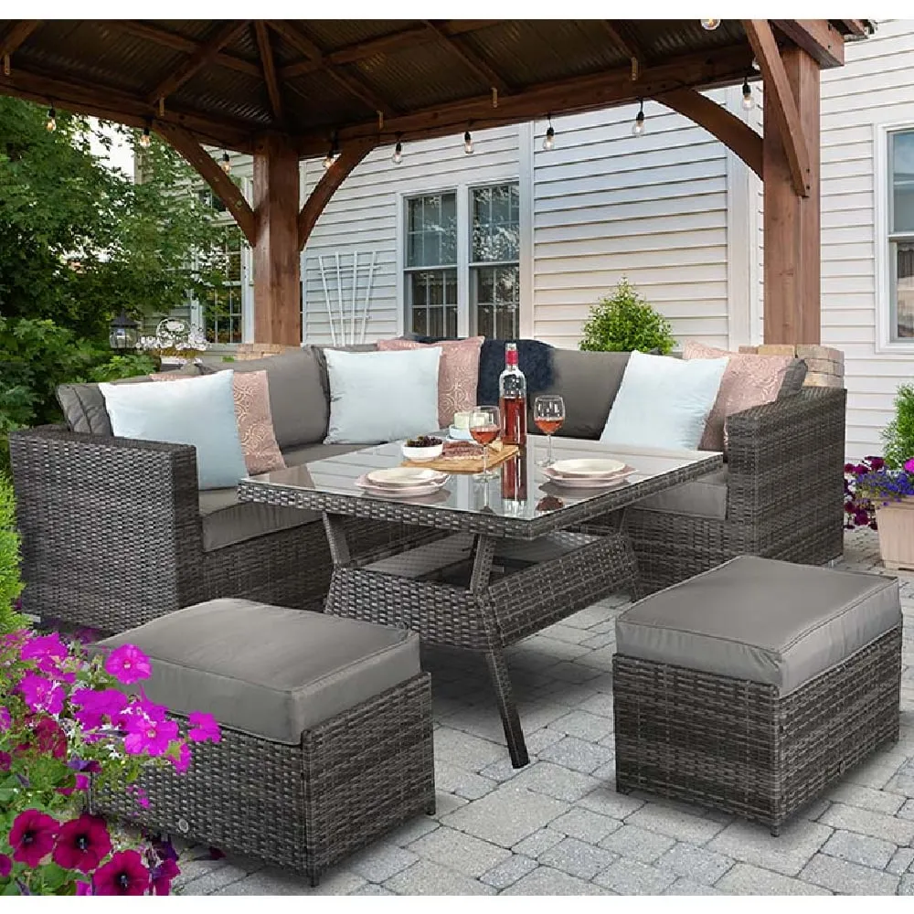 Gitel Corner Dining Set with 2 Ottomans - Grey, Rattan image