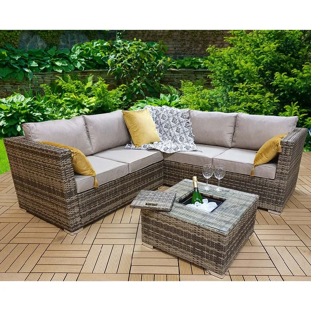 Gitel Corner Sofa Set with Ice Bucket - Brown, Rattan
