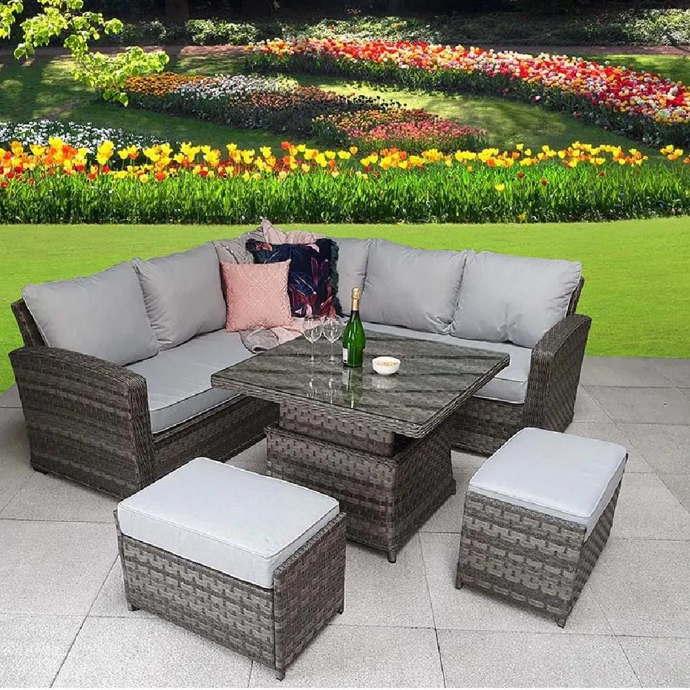 Gizeh Glass Top Garden Lift Up Dining Set with 2 Ottomans - Grey