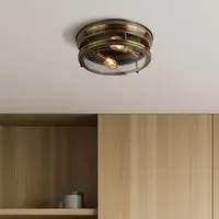 Glasgow 2 Light Flush Ceiling Light - Antique Brass, Glass