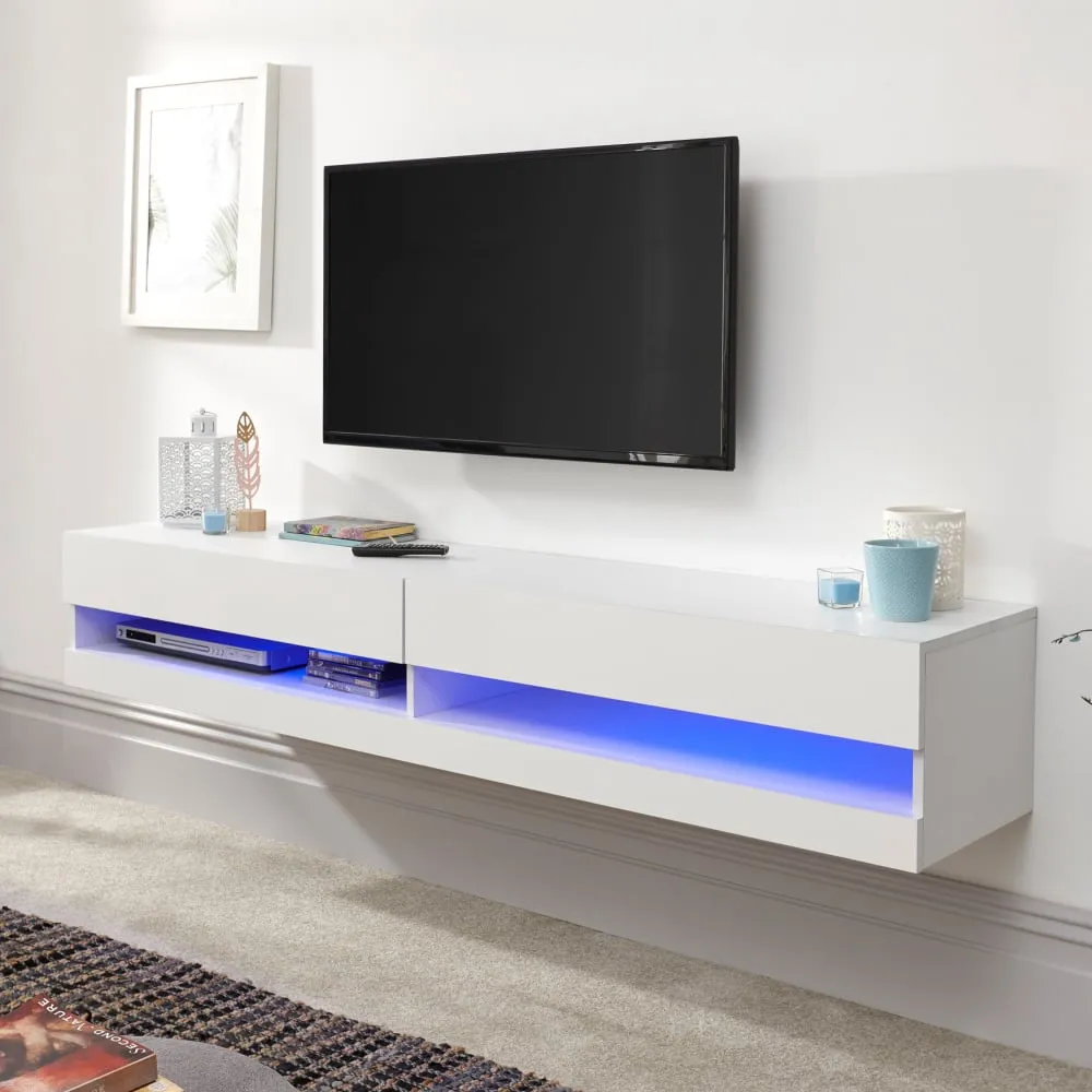 Goole Large Wall Hung TV Stand with LED - White