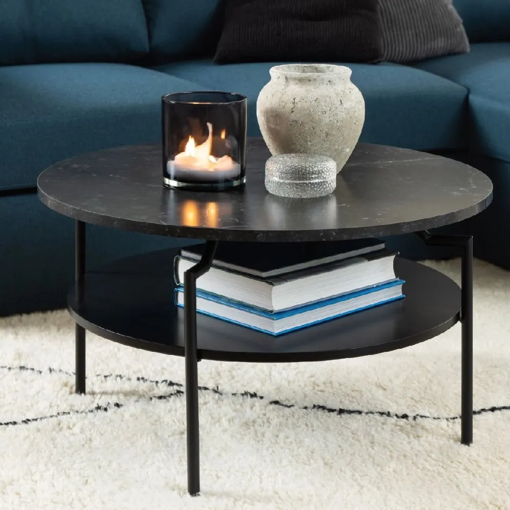 Grace Coffee Table with Shelf - Black Marble Effect, Wood image