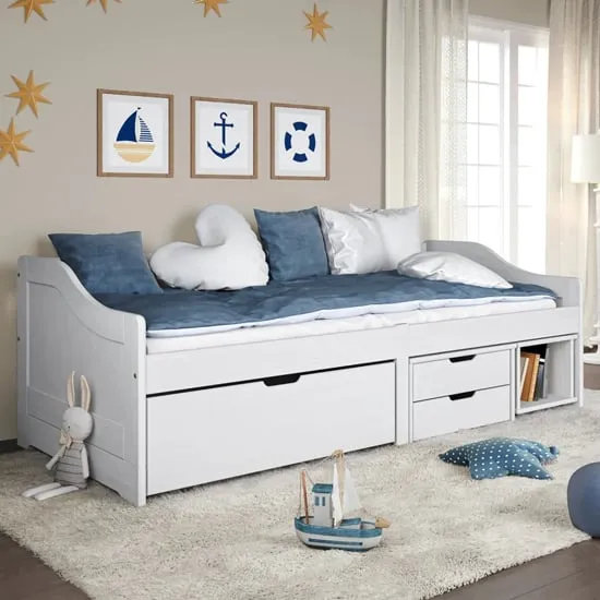 Grace Day Bed with 3 Drawers - White, Pinewood image