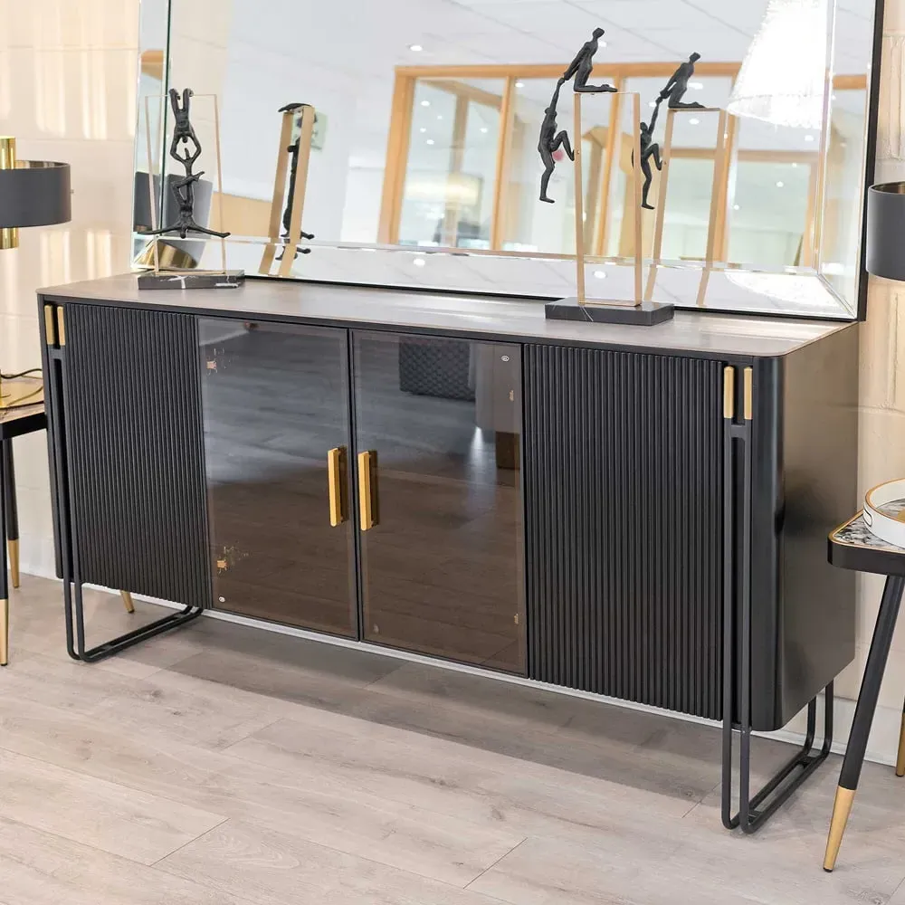 Groton Wide Storage Cabinet with Marble Top - Black, Gold image