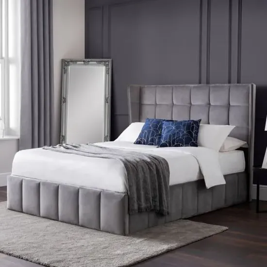 Gutersloh Double Bed with Storage - Light Grey, Velvet