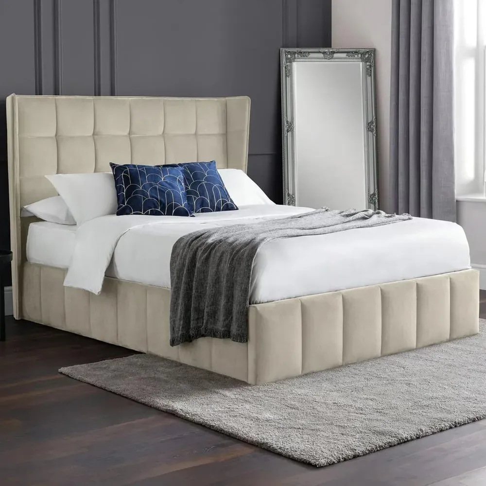Gutersloh Ottoman Double Bed with Storage - Cream, Velvet