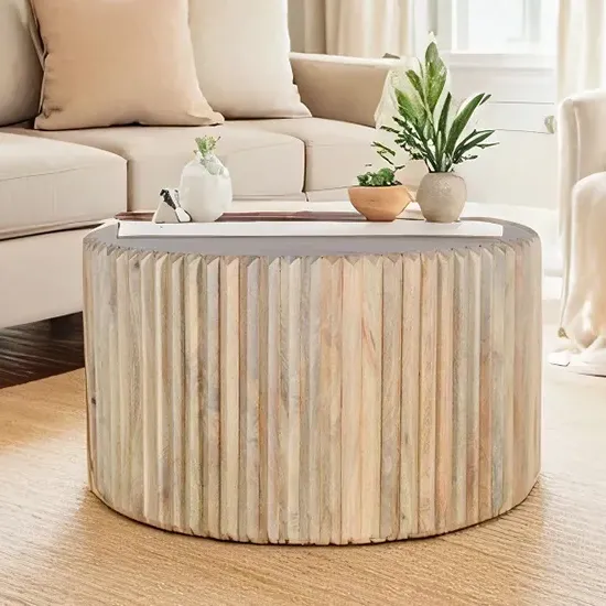 Hailey Carved Round Coffee Table - Natural, Mango Wood