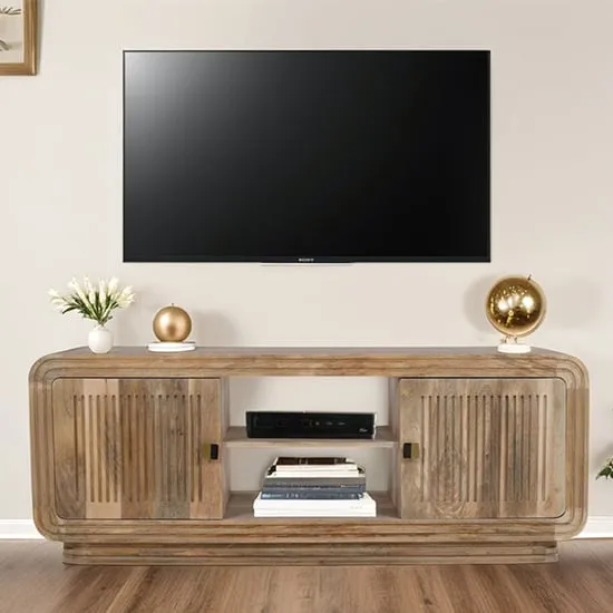 Hailey Carved TV Stand with 2 Doors - Natural, Mango Wood