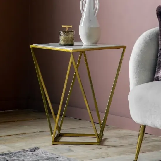 Halfords Side Table with Gold Frame - White, Marble