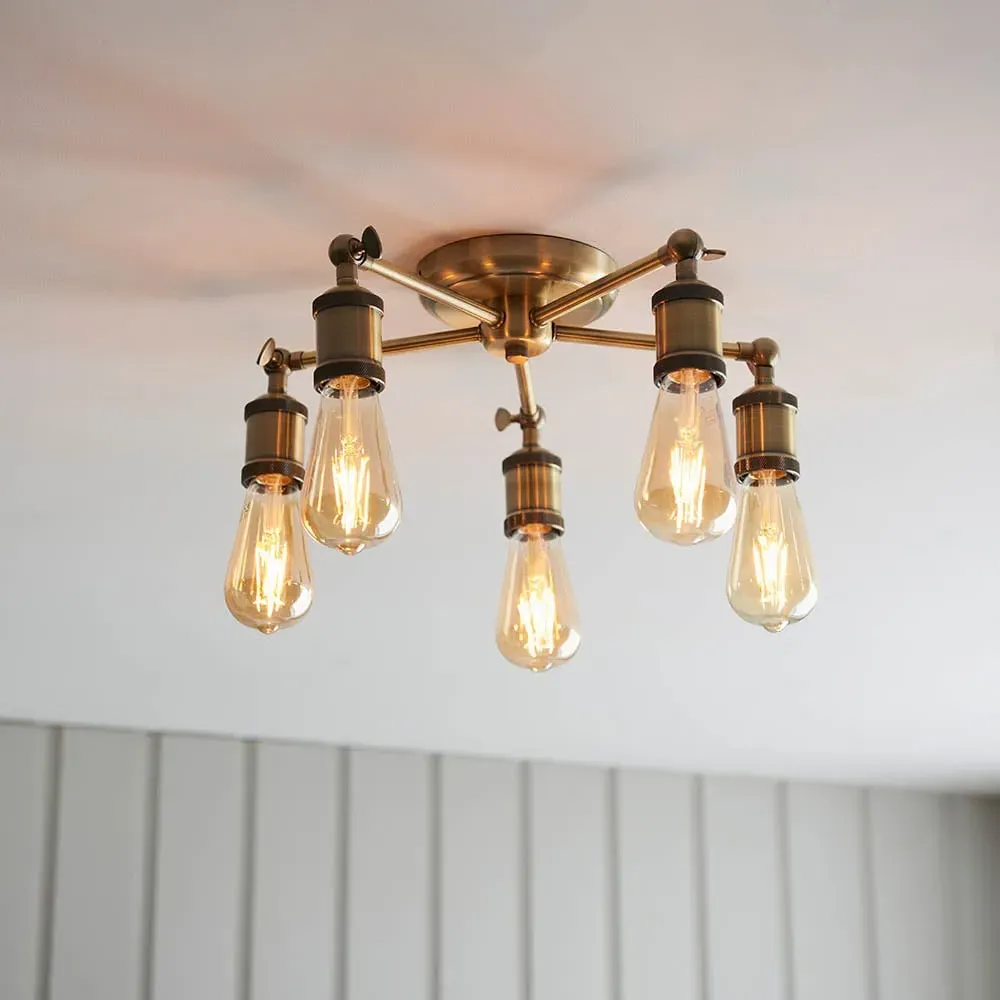 Halifax 5 Light Semi Flush Ceiling Light - Antique Brass