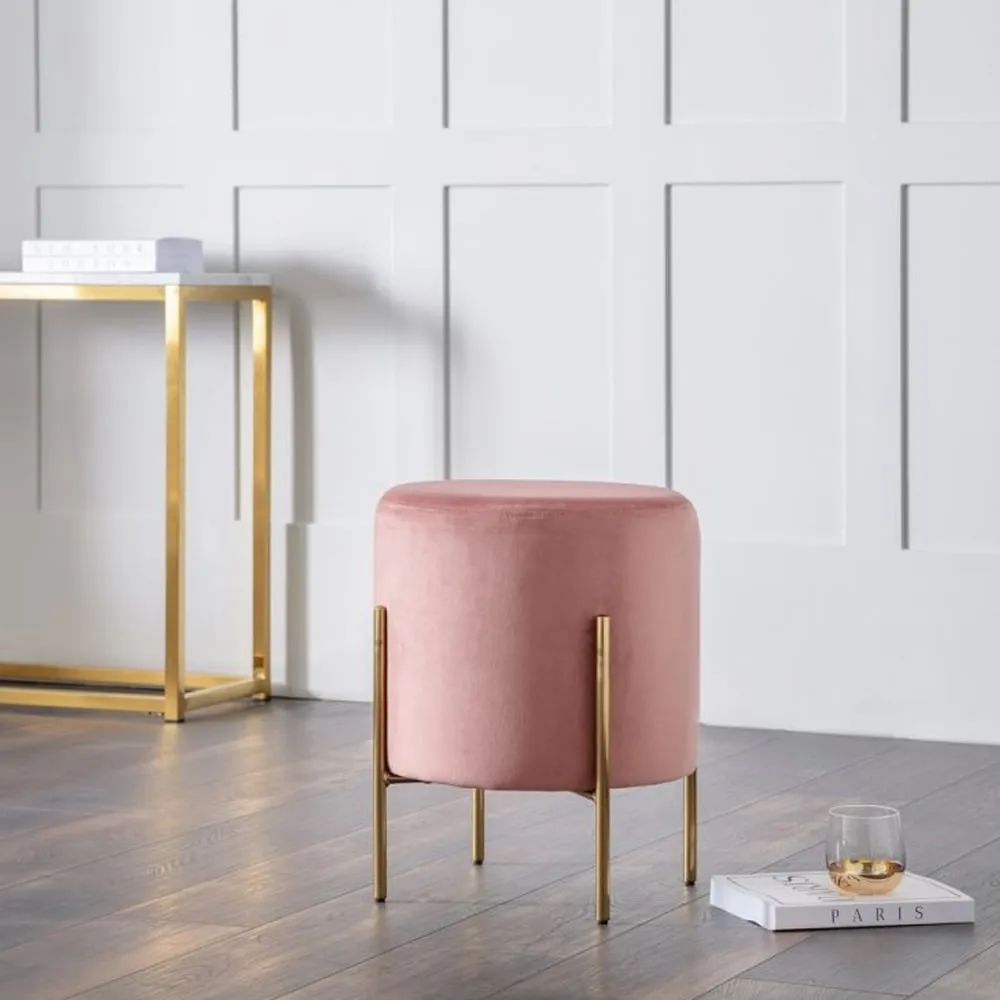 Halle Velvet Stool with Gold Legs - Pink