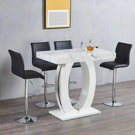 Halo Bar Table Set with 4 Ripple Stools - White, Black