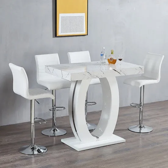 Halo Bar Table Set with 4 Ripple Stools - White, White