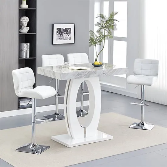 Halo Bar Table with 4 Candid Stools - Marble Effect, MDF