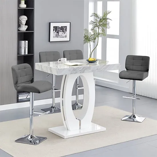 Halo Bar Table with 4 Candid Stools - Marble Effect, MDF