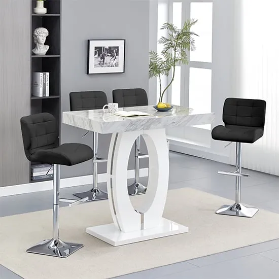 Halo Bar Table with 4 Candid Stools - Marble Effect, MDF