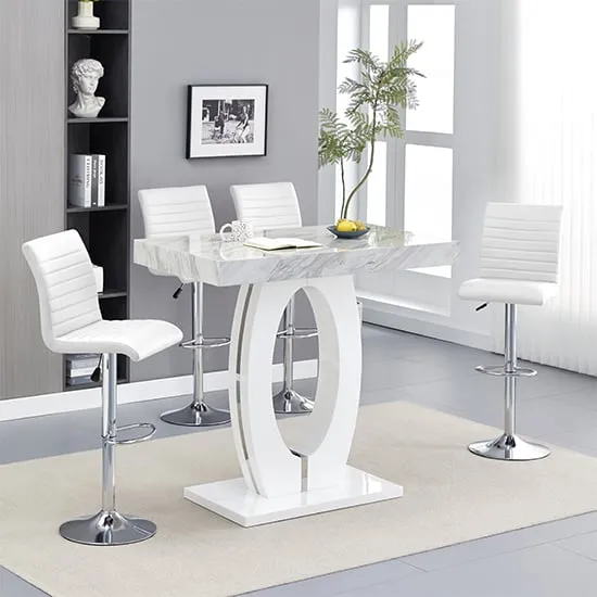 Halo Bar Table with 4 Ripple Stools - Marble Effect, MDF