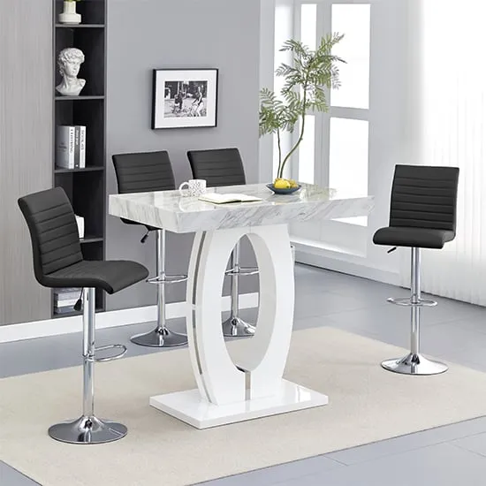 Halo Bar Table with 4 Ripple Stools - Marble Effect, MDF