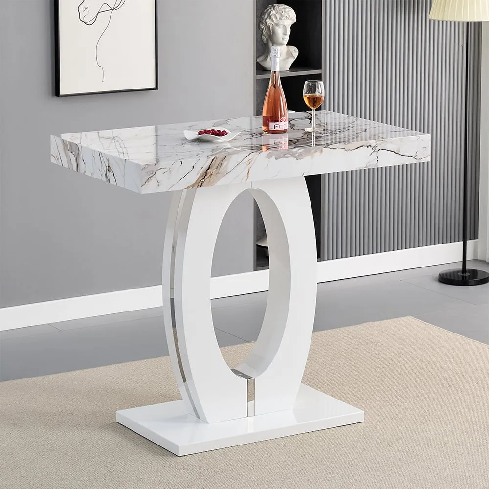 Halo High Gloss Bar Table - White, Marble Effect