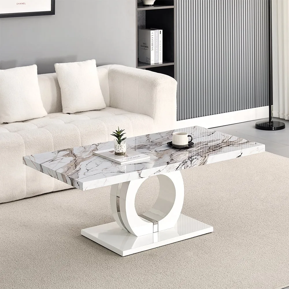 Halo High Gloss Coffee Table - White, Marble Effect