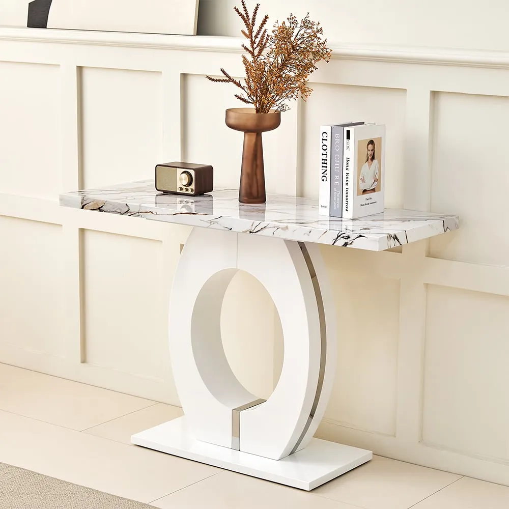 Halo High Gloss Console Table - White, Marble Effect
