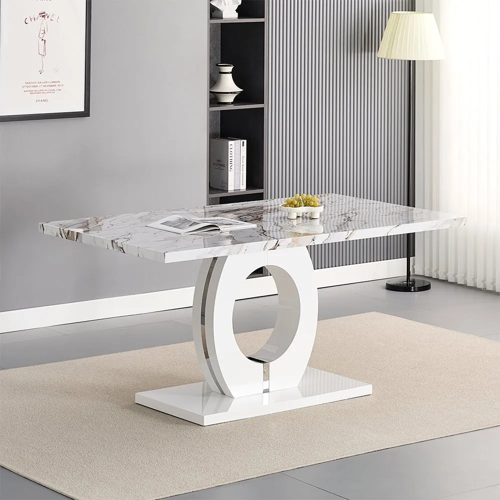 Halo High Gloss Dining Table - White, Marble Effect