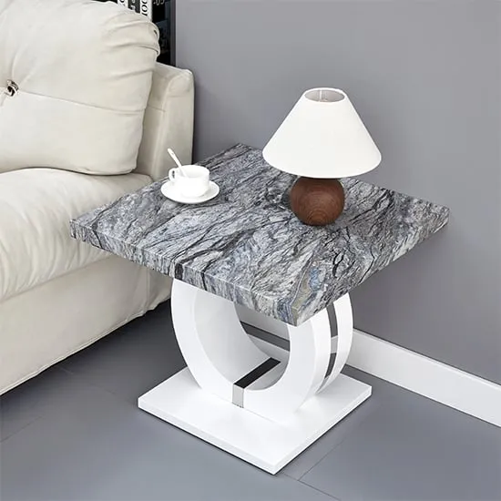 Halo High Gloss Lamp Table - Grey, Marble Effect