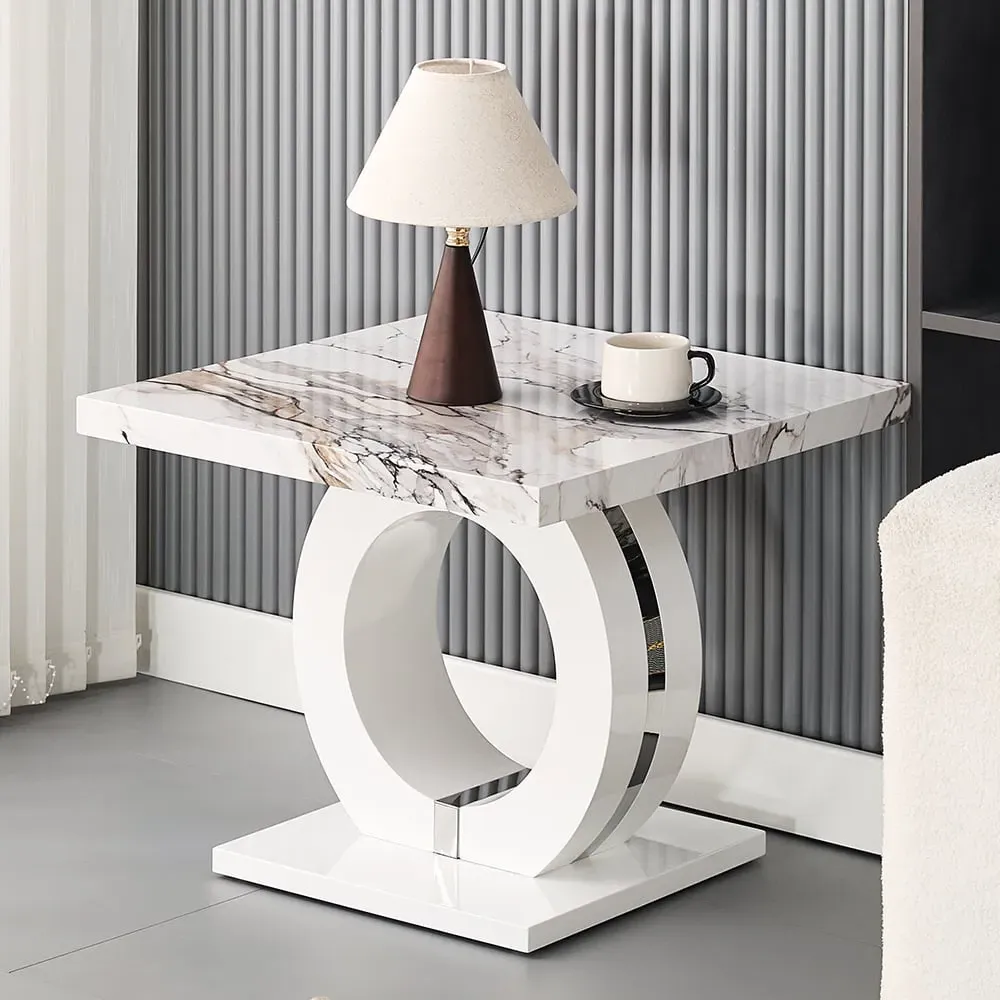 Halo High Gloss Lamp Table - White, Marble Effect image