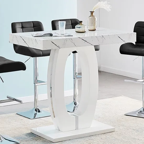 Halo Rectangular Bar Table - White, Marble Effect