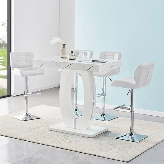 Halo Rectangular Bar Table with 4 Stools - White, Marble Effect