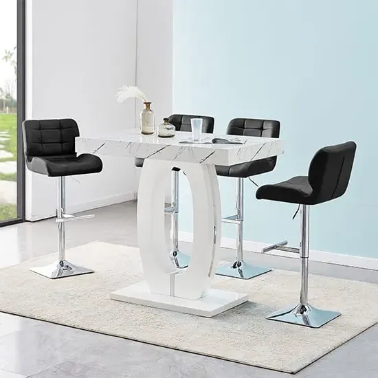 Halo Rectangular Bar Table with 4 Stools - White, Marble Effect
