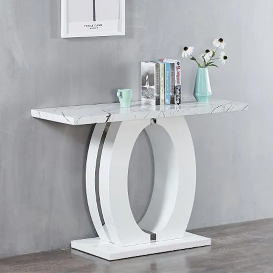 Halo Rectangular Console Table - White, Marble Effect