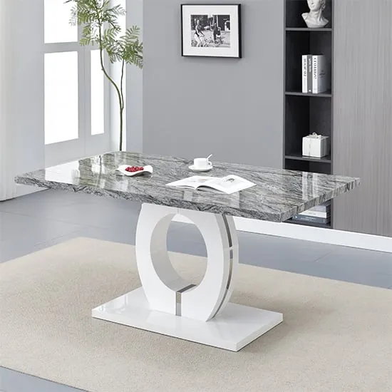 Halo Rectangular Dining Table - White, Melange Marble Effect